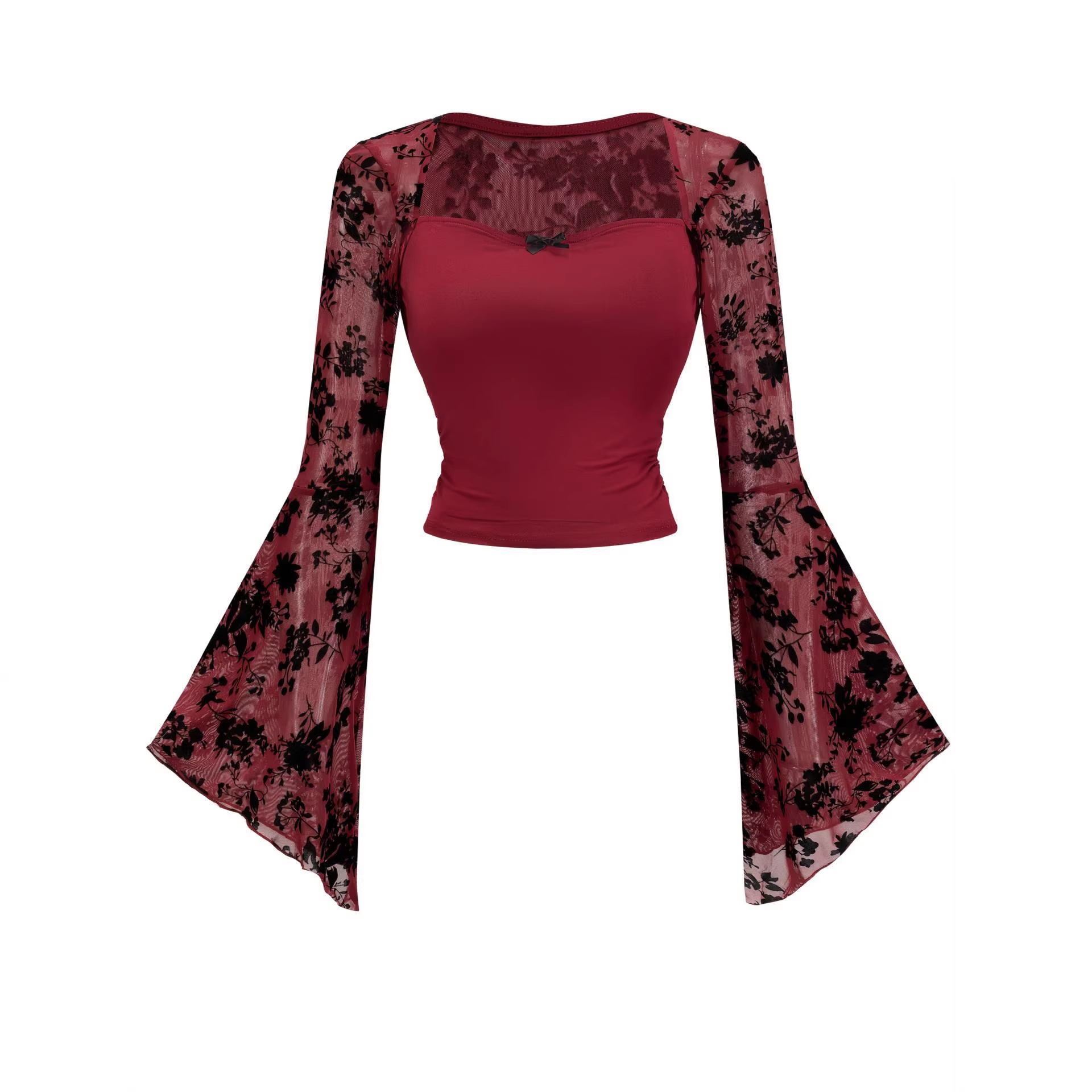 Lace Patchwork Mesh Long Sleeve Top