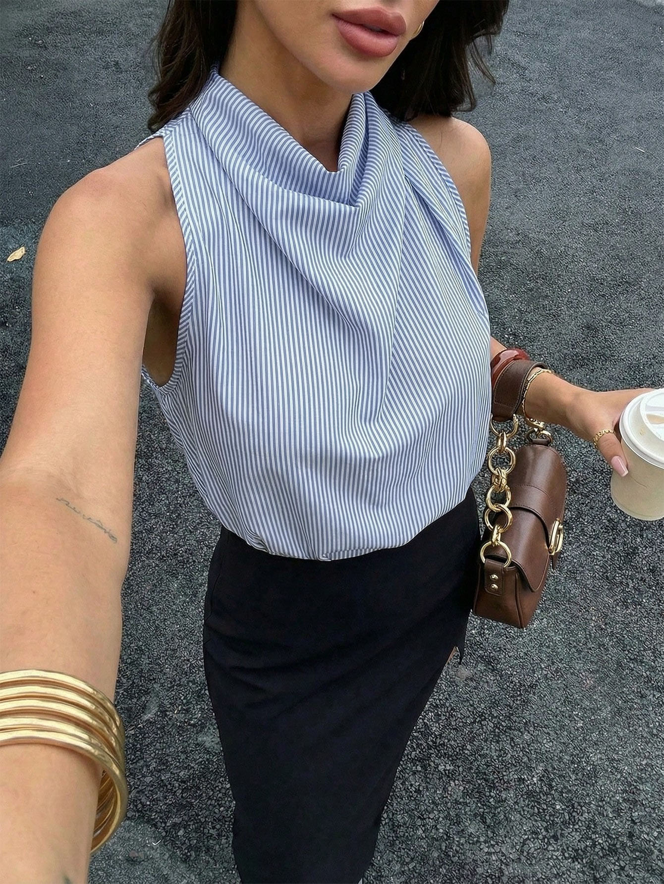 Women's Striped Sleeveless Cowl Neck Elegant Blouse