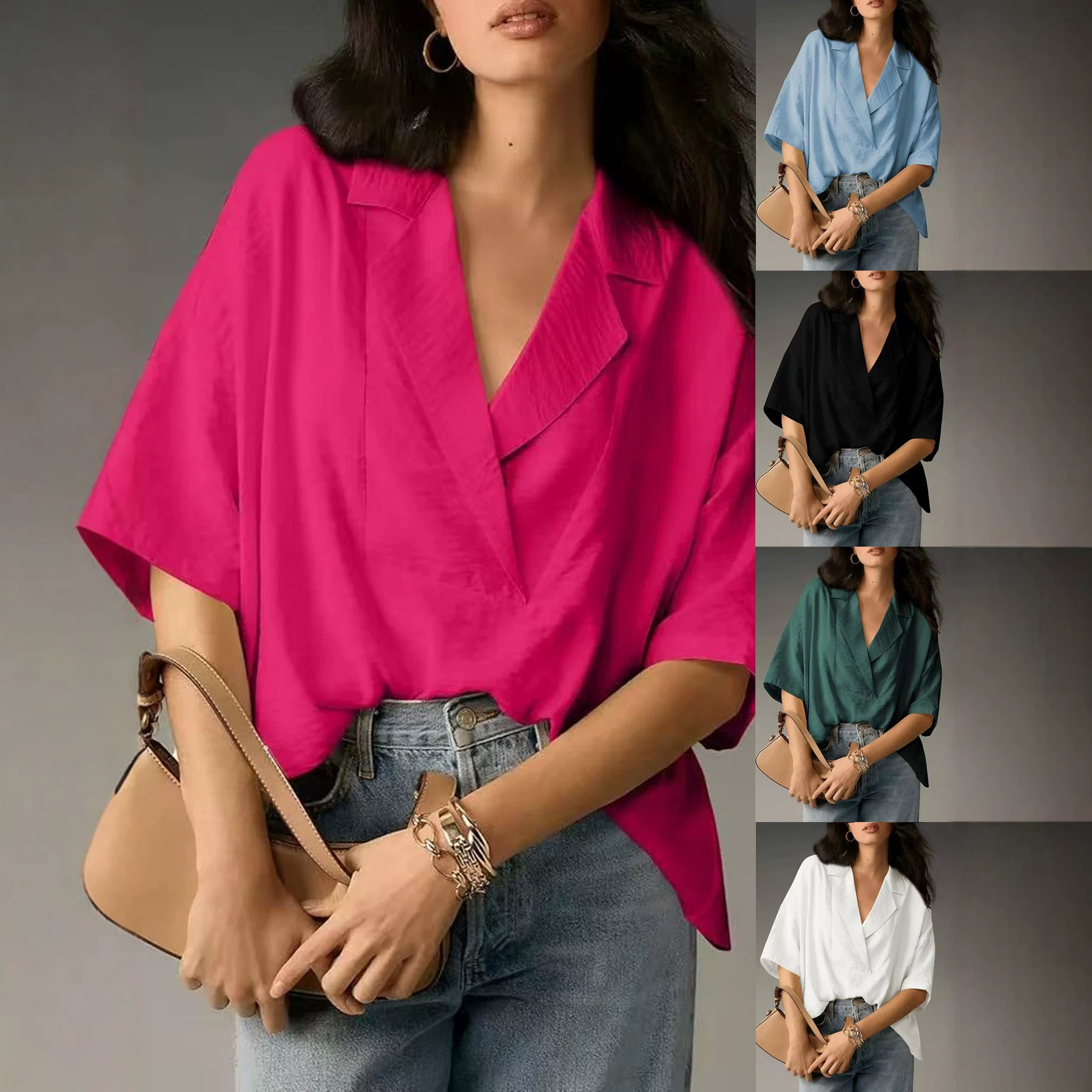 Women's Summer Short Sleeve Collared Loose Fit Solid Color Shirt