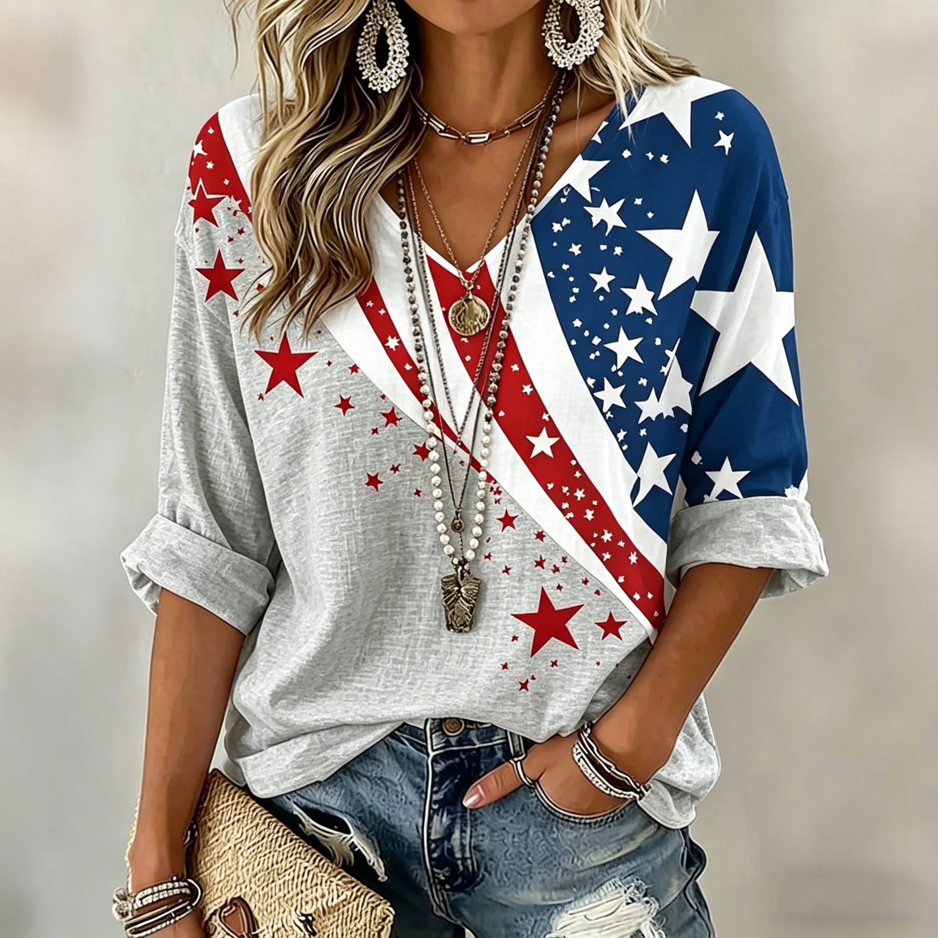 Star Striped Print V-Neck Half-Sleeve T-Shirt for Women