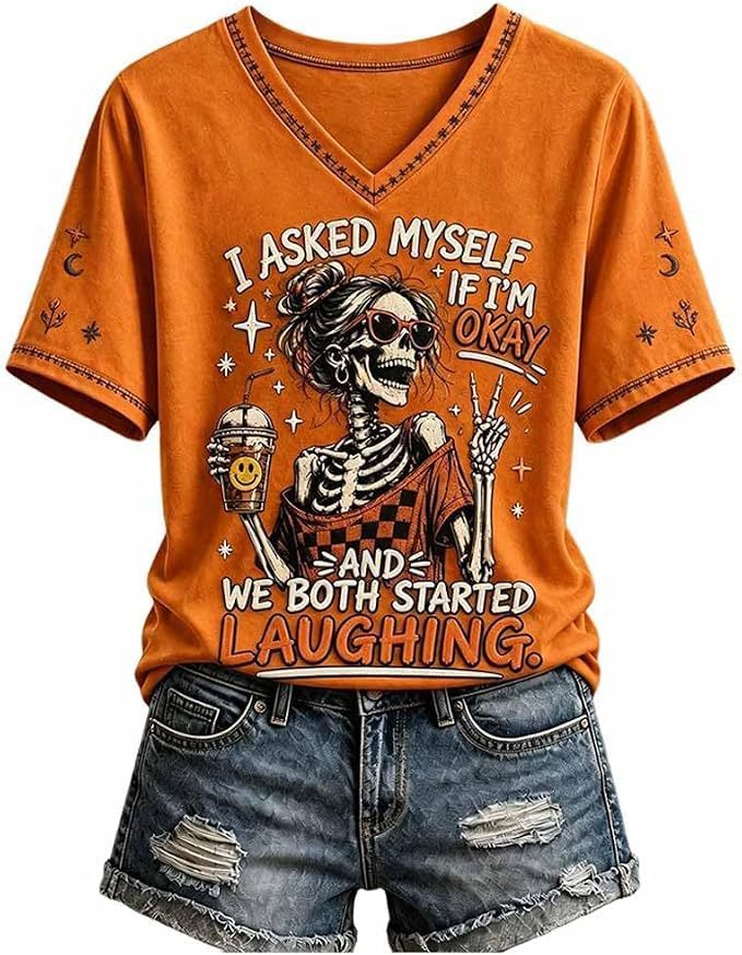 Skull Goblet Letter Print V-Neck Short Sleeve Women's T-Shirt