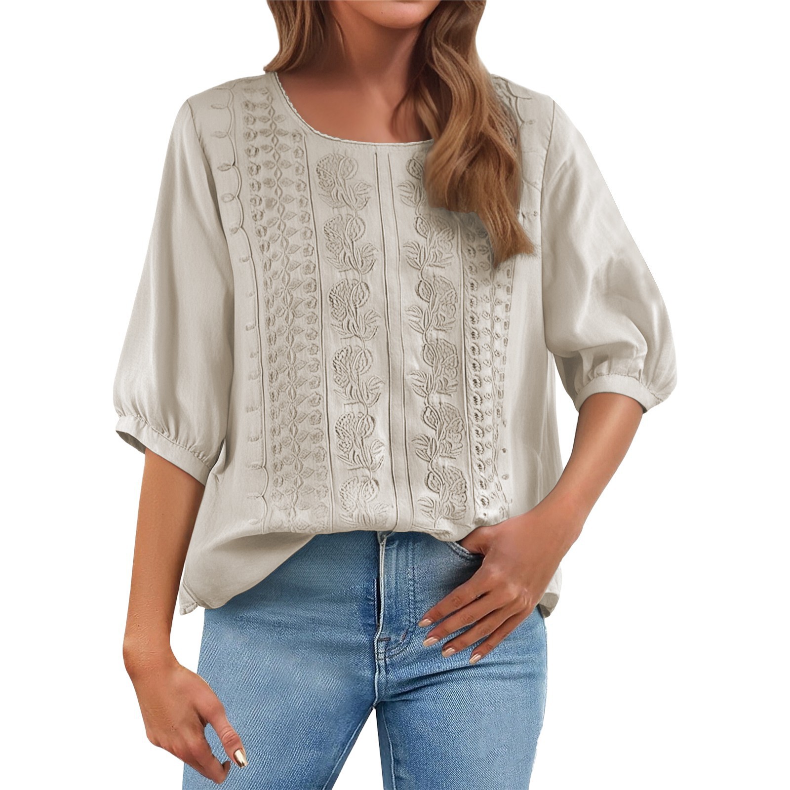 Embroidered Loose Cotton-Linen T-Shirt Women's Retro Round Neck Short Sleeve