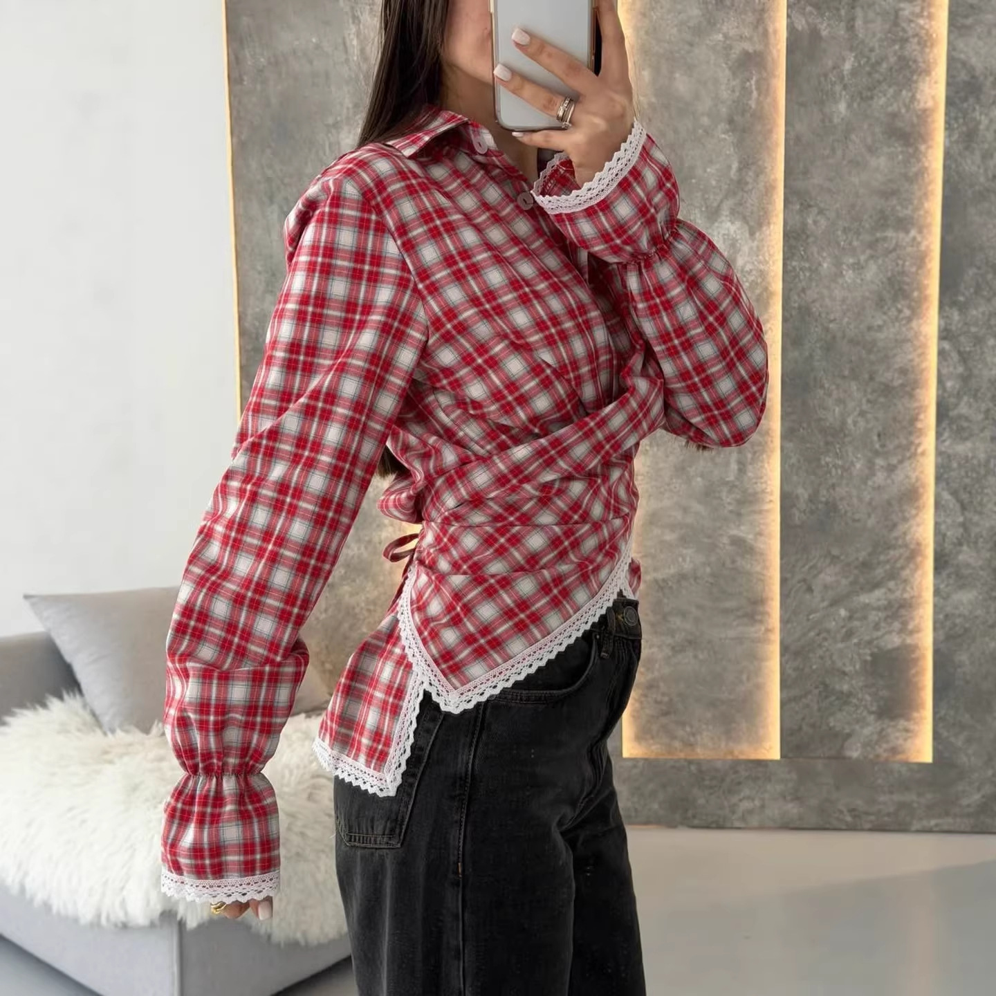 Women's Retro Plaid Long-Sleeve Polo Shirt