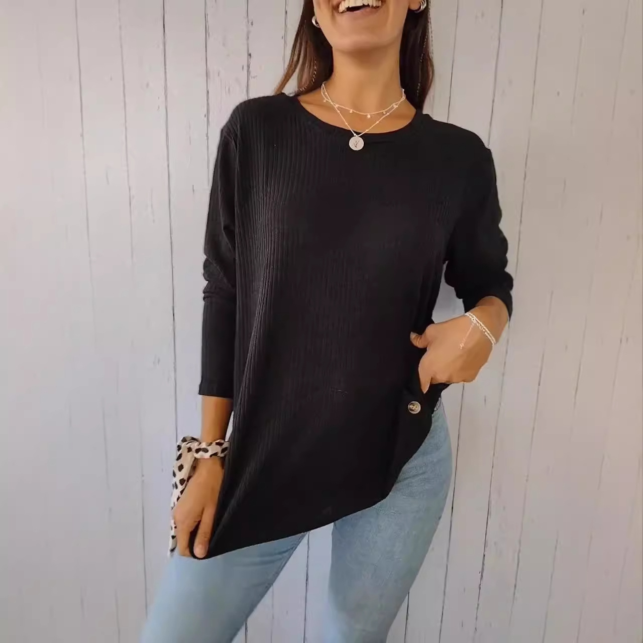 Ribbed Knit Button-Detail Crewneck Long-Sleeve Top