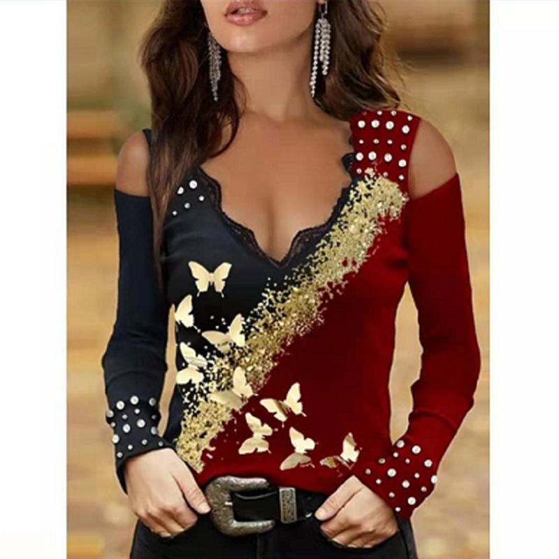 Women's Lace V-Neck Off-Shoulder Gold Butterfly Print Long-Sleeve T-Shirt