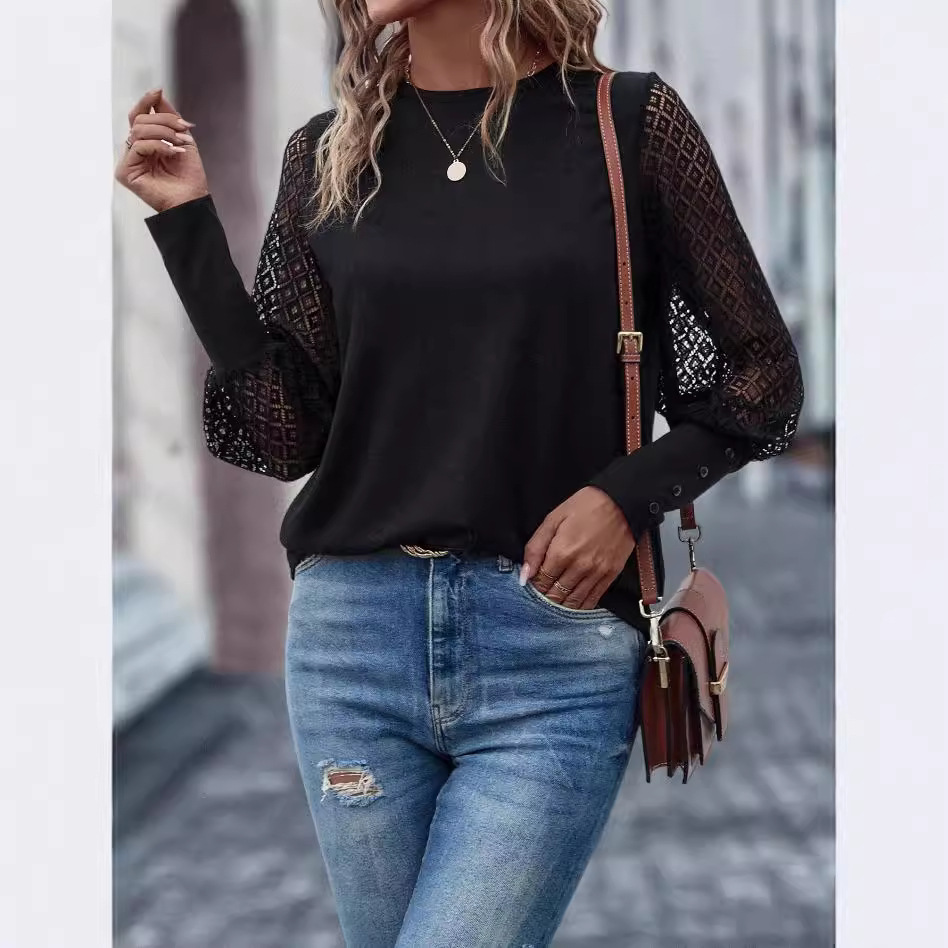 Women's Solid Color Lace Crewneck Long-Sleeve Pullover Top