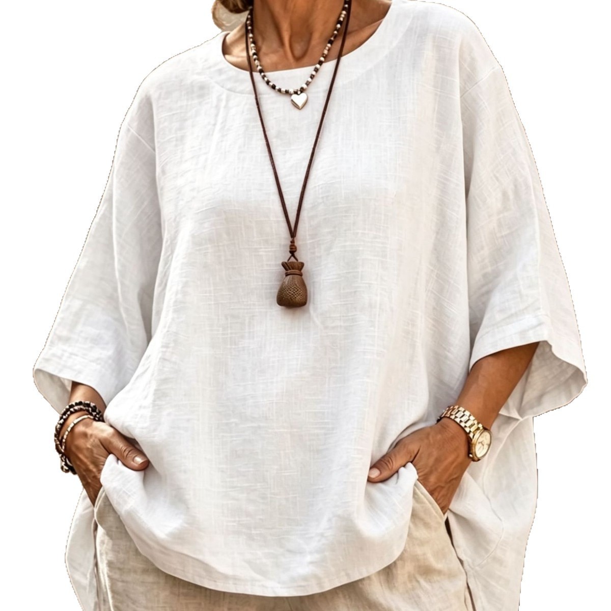 Women's Loose Round Neck Solid Cotton Linen 3/4 Sleeve Top