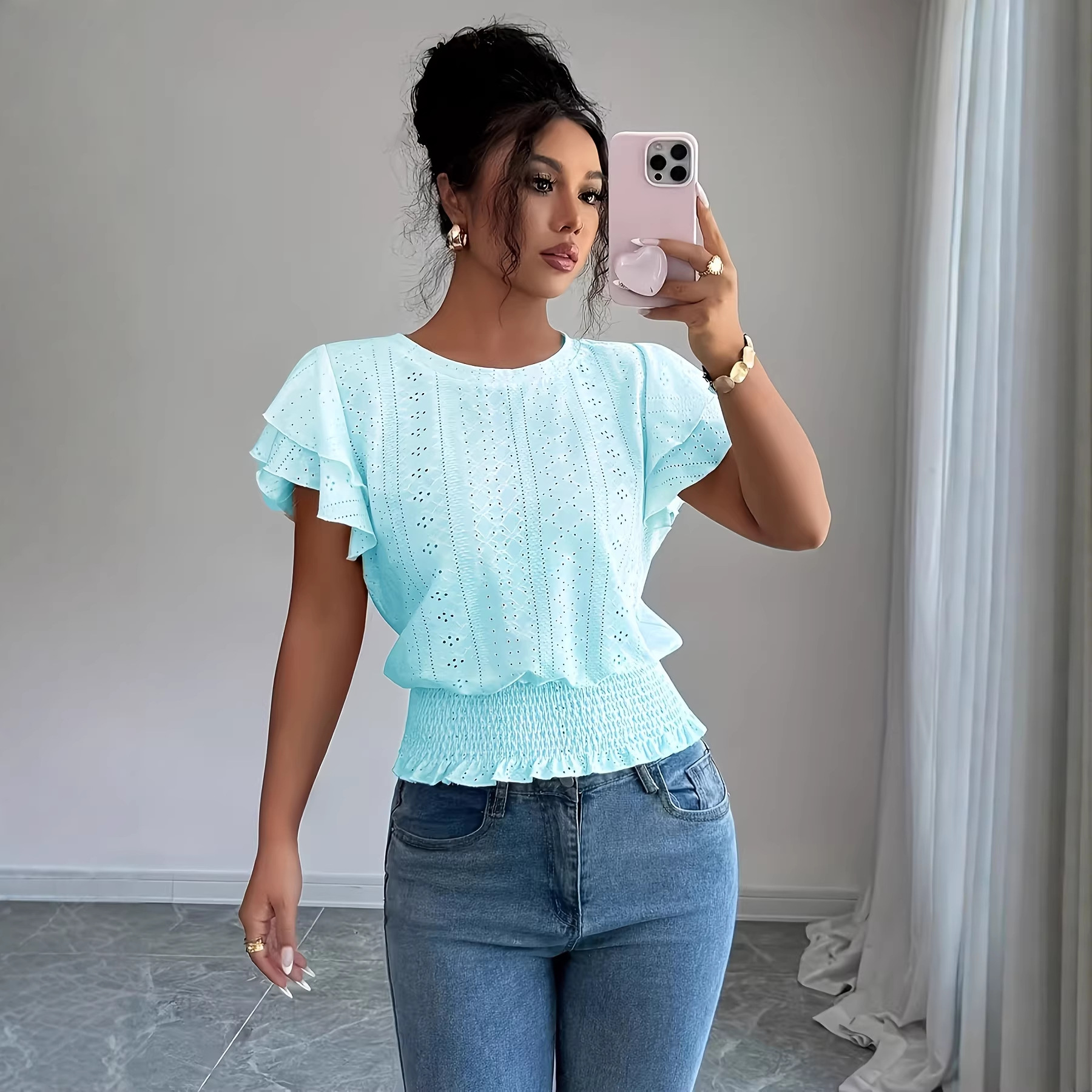 Women's Hollow-Out Ruffle-Sleeve Crewneck Short-Sleeve T-Shirt
