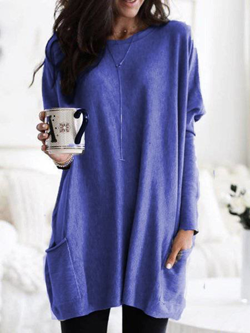 Women's Long Sleeve Pocket T-Shirt Casual Loose Fit Crew Neck Top