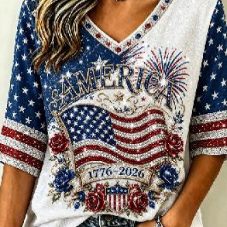 American Flag Fireworks Print V-Neck Short Sleeve T-Shirt for Women