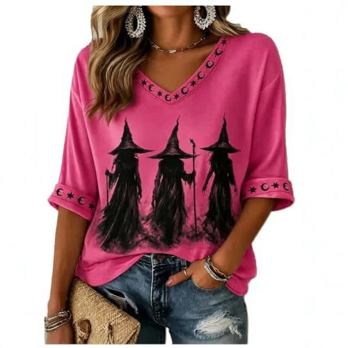 Halloween Witch Print V-Neck Half-Sleeve Women's T-Shirt