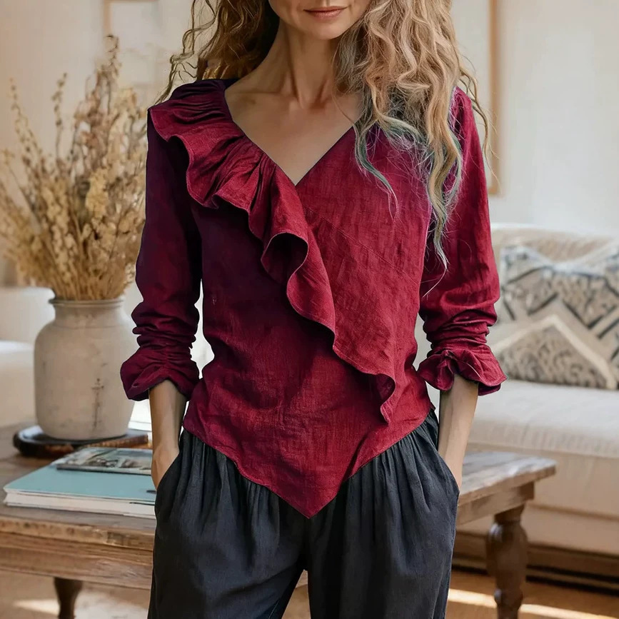 Women's Solid V-Neck Long Sleeve Ruffle Cotton-Linen Top