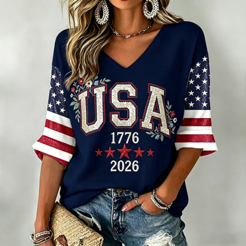 Women's American Flag Firework Print V-Neck Short Sleeve T-Shirt