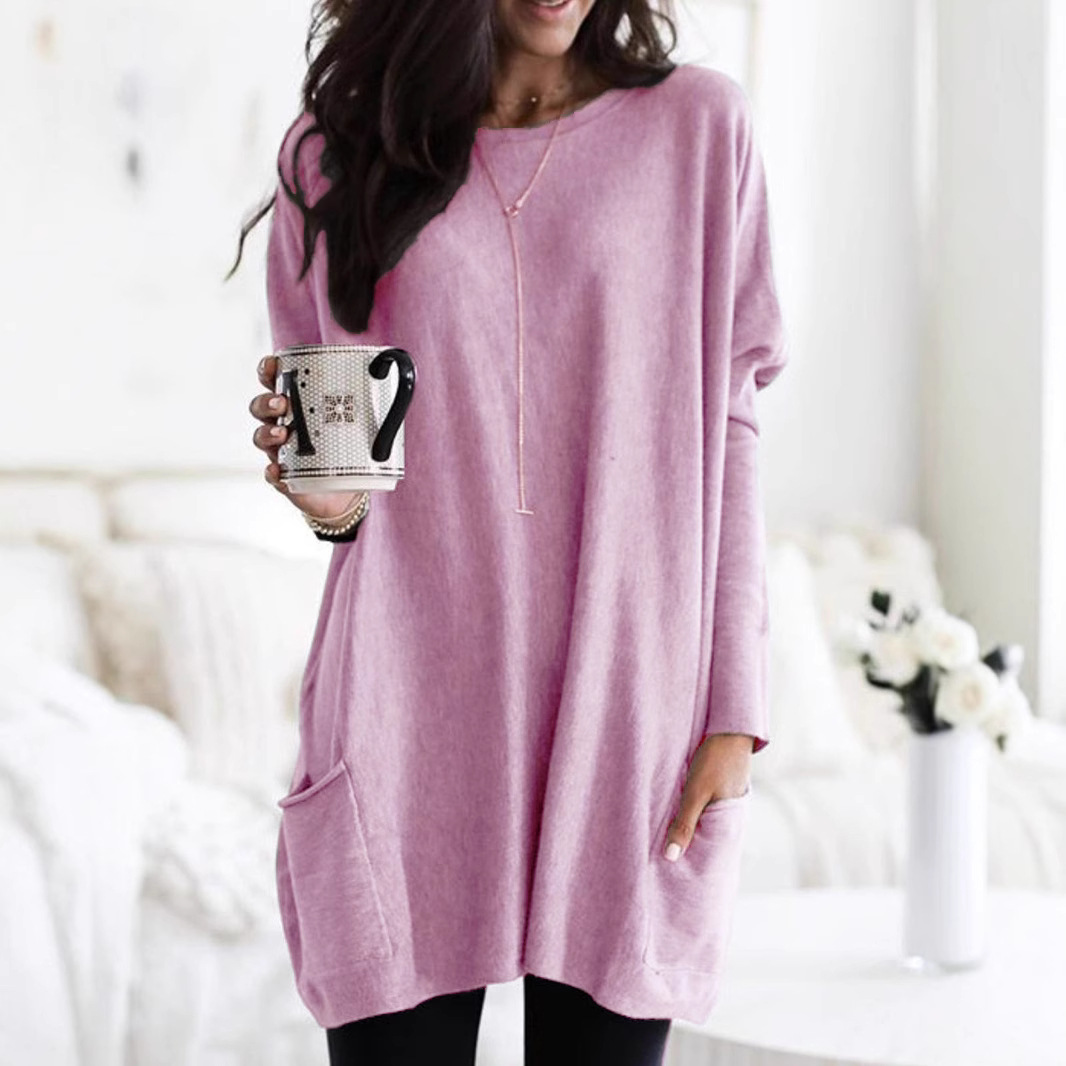 Women's Long Sleeve Pocket T-Shirt Casual Loose Fit Crew Neck Top