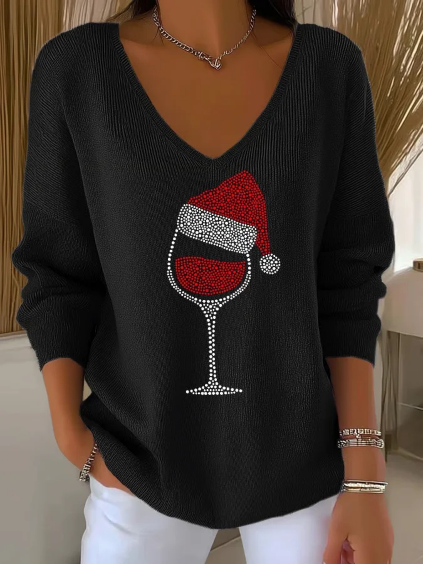 Christmas Tree Ribbon Print V-Neck Long-Sleeve T-Shirt