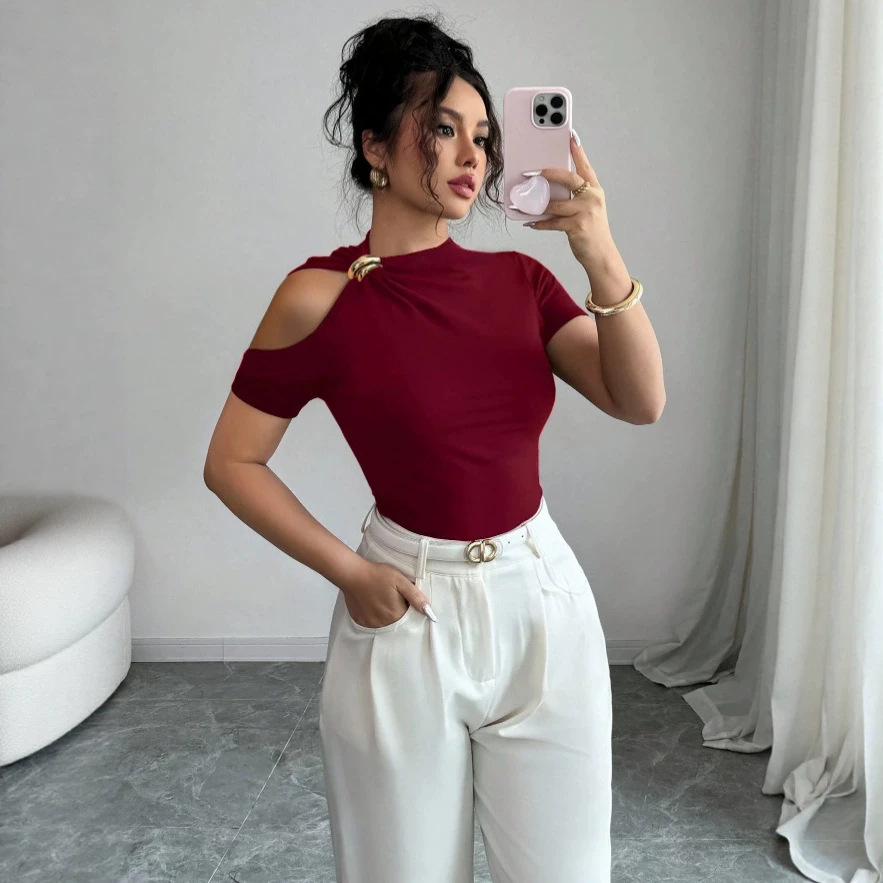 One-Shoulder Metallic-Trim Slim-Fit Knit Top