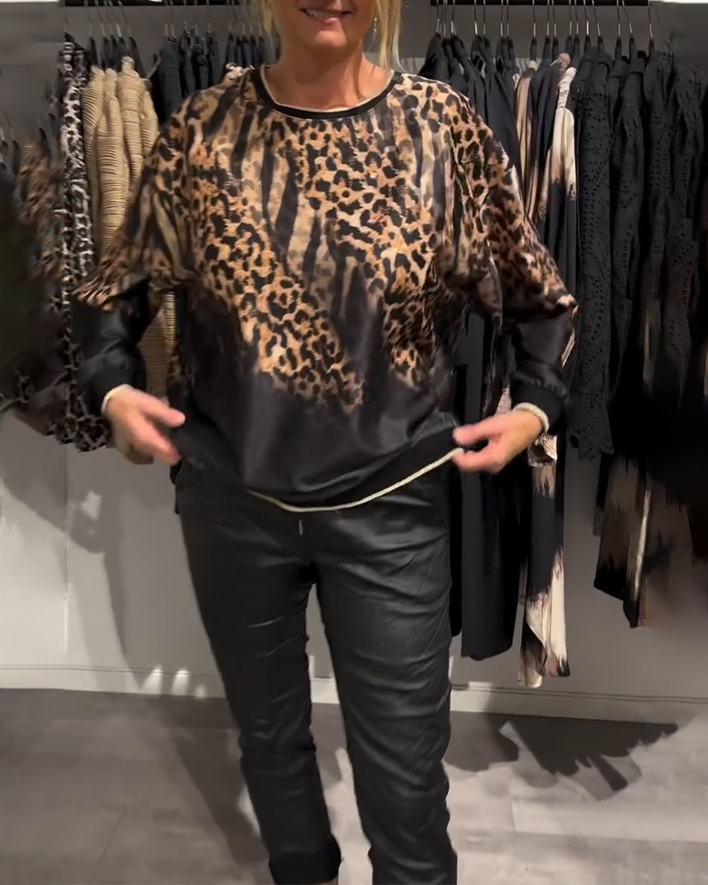 Leopard Color-Block Crewneck Long-Sleeve Loose Top