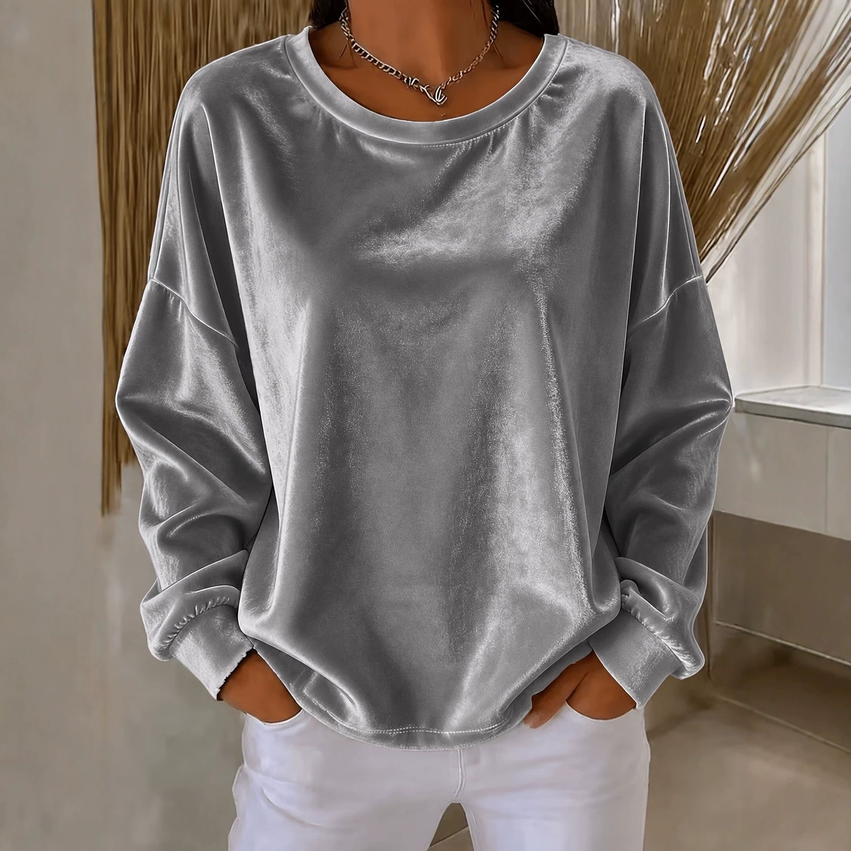 Women's Velvet Long Sleeve Crewneck T-Shirt Solid Color Loose Fit