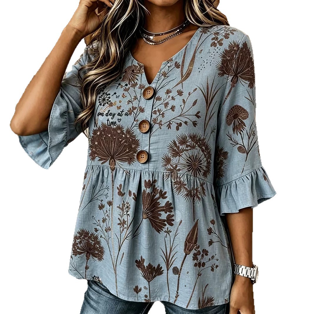 Women's Summer Floral Print Rolled Sleeve Button Top