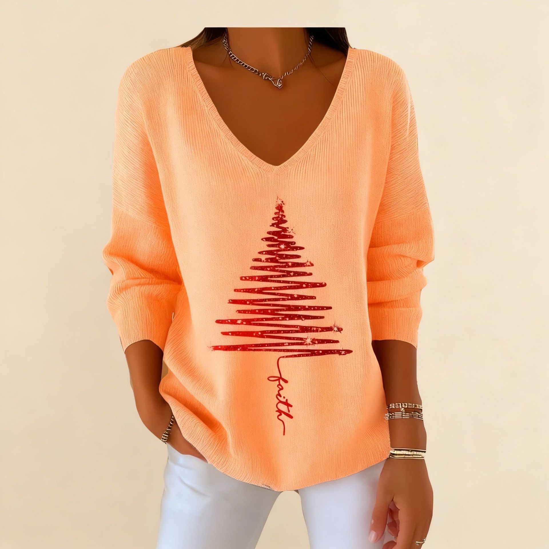 Women's V-Neck Long Sleeve Book & Christmas Tree Print T-Shirt