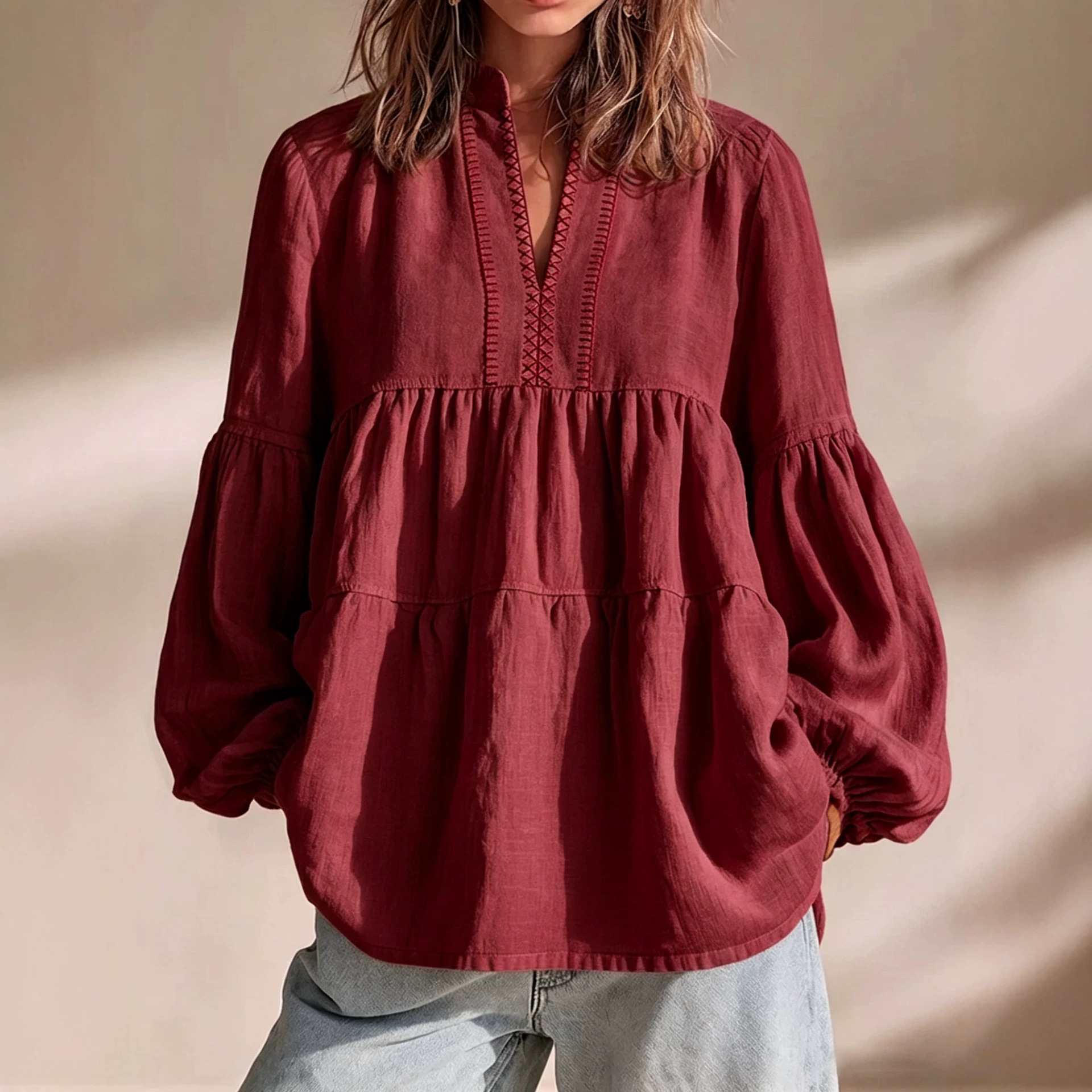 Boho Floral Print Stand Collar Pleated Loose Long Sleeve Top