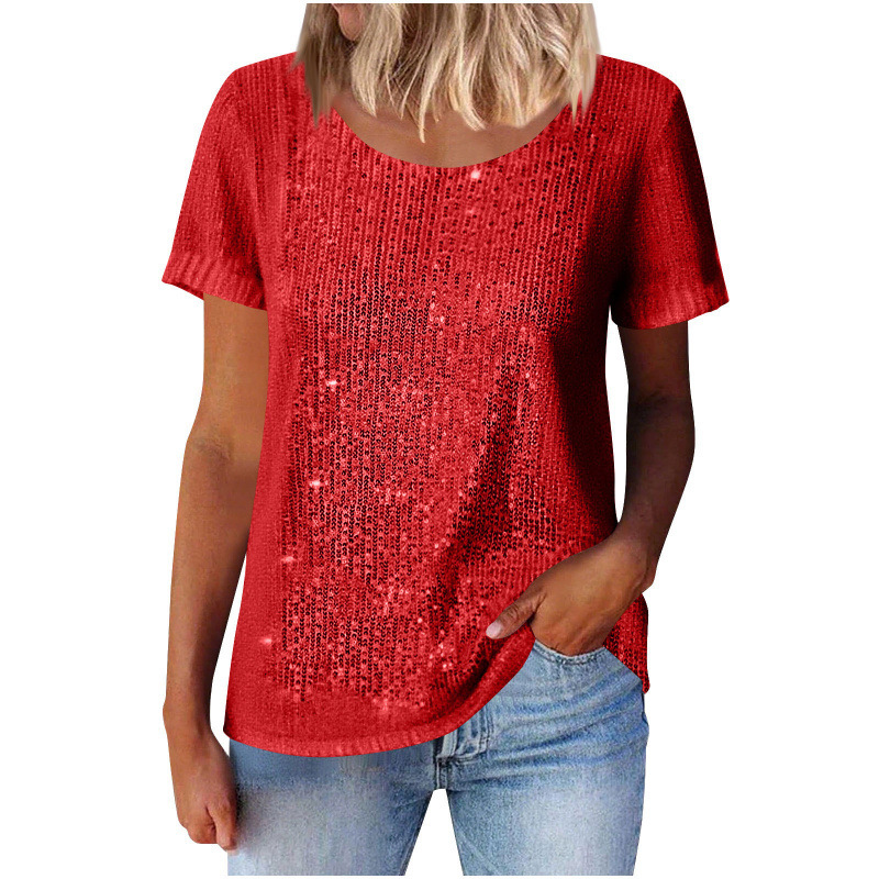 Women's Sequin Loose Crewneck Short Sleeve Top