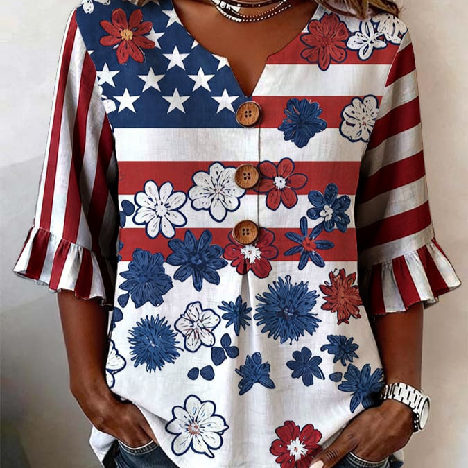 Women's Summer Floral Print Short Sleeve Button-Up Top