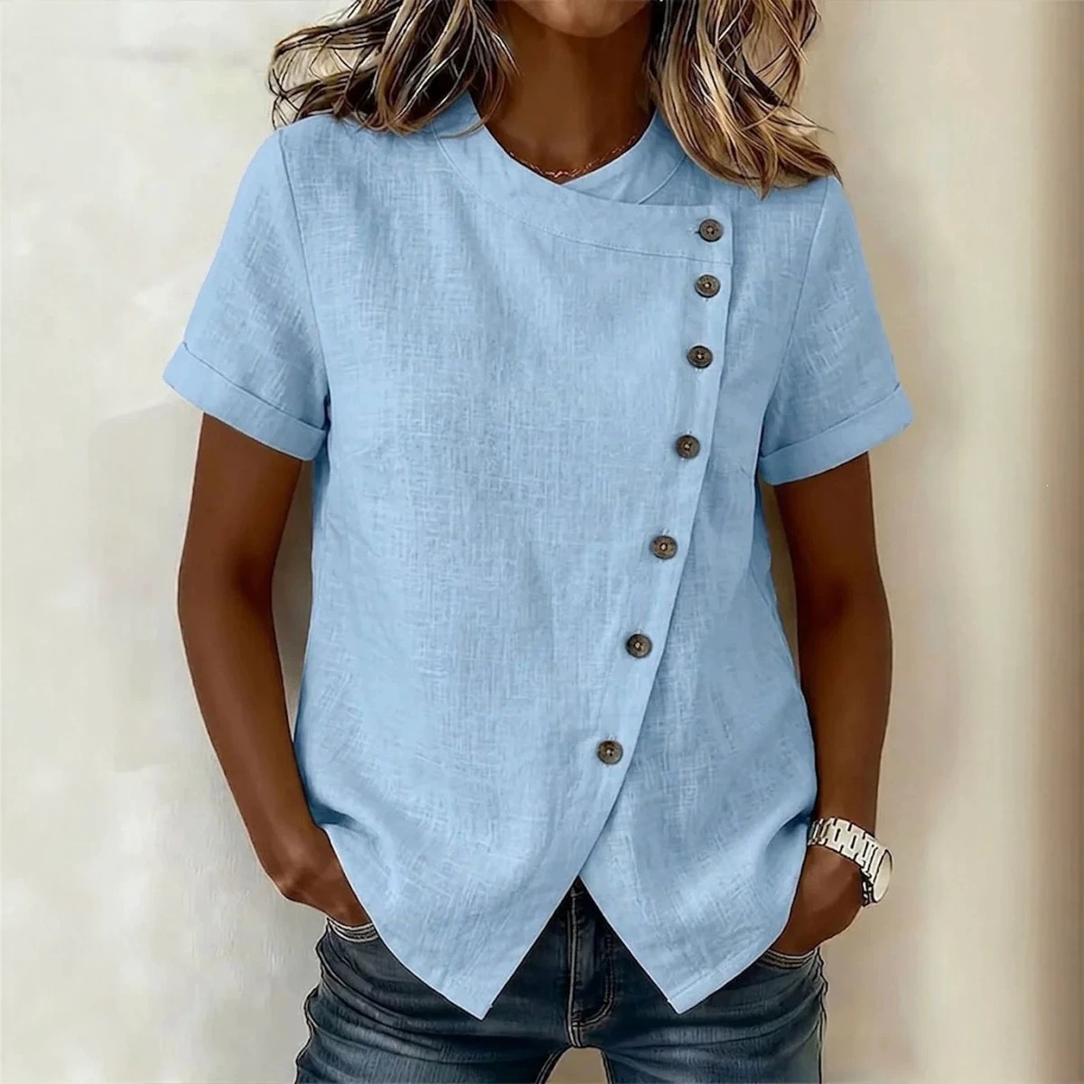 Women's Solid Cross Round Neck Short Sleeve Loose Irregular Top