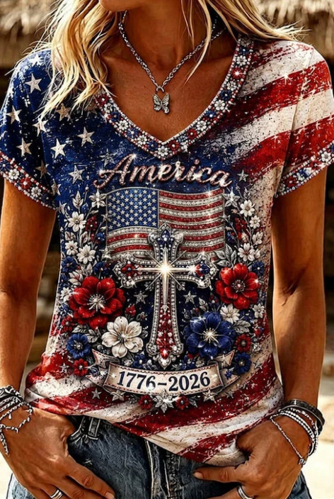 USA Flag 3D Print V-Neck Short Sleeve Women's T-Shirt