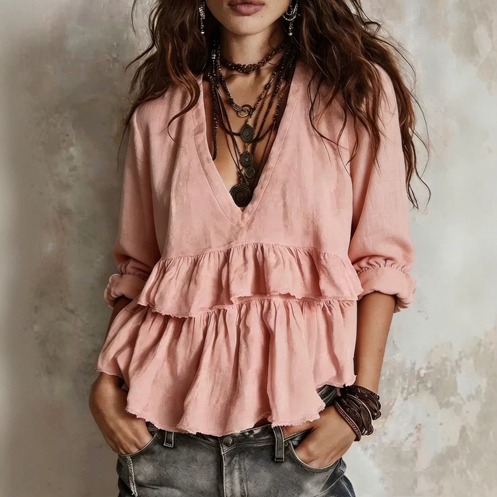 Women's Casual Long Sleeve V-Neck Solid Color Top T-Shirt