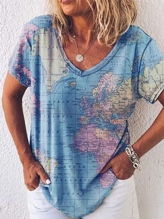 Map Print V-Neck Short Sleeve Women's T-Shirt