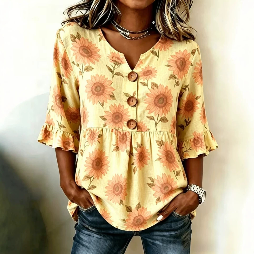 Floral Print Half-Sleeve Button-Up Top