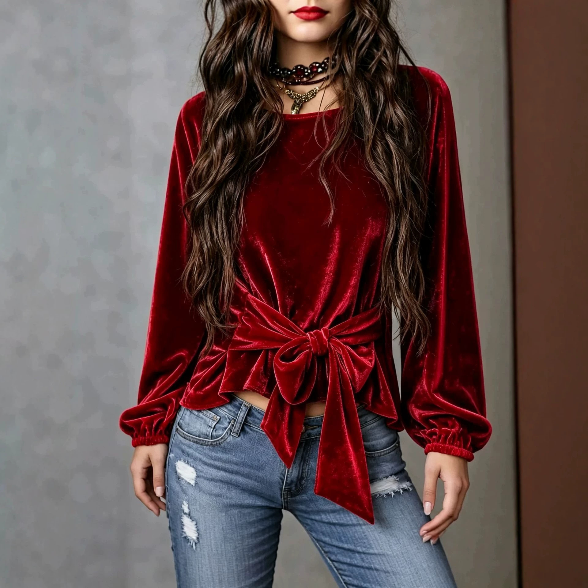 Women's Velvet Long-Sleeve Tie-Bow Slim Fit Top