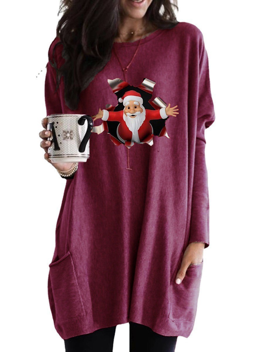 Christmas Santa Print Long Sleeve Crewneck Casual T-Shirt for Women