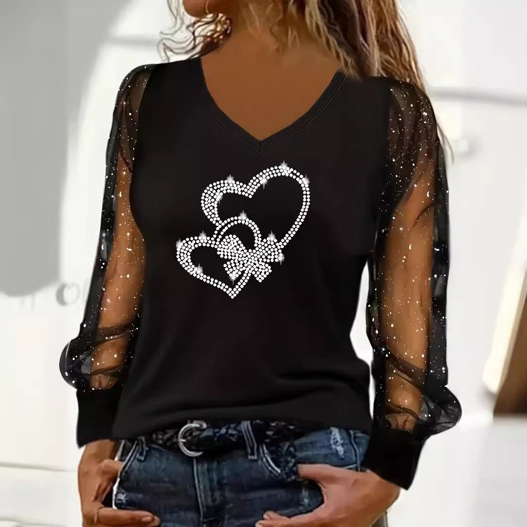 Women's Rhinestone Heart Long Sleeve V-Neck Top