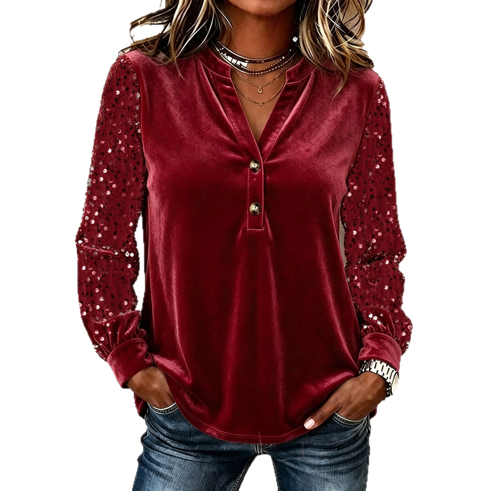 V-Neck Button Sequin Velvet Long Sleeve Women's Top