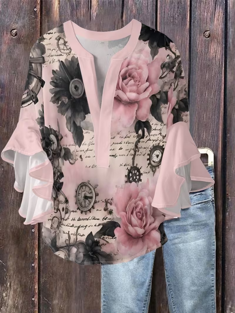 Floral Print V-Neck Rolled Sleeve Casual Women's T-Shirt