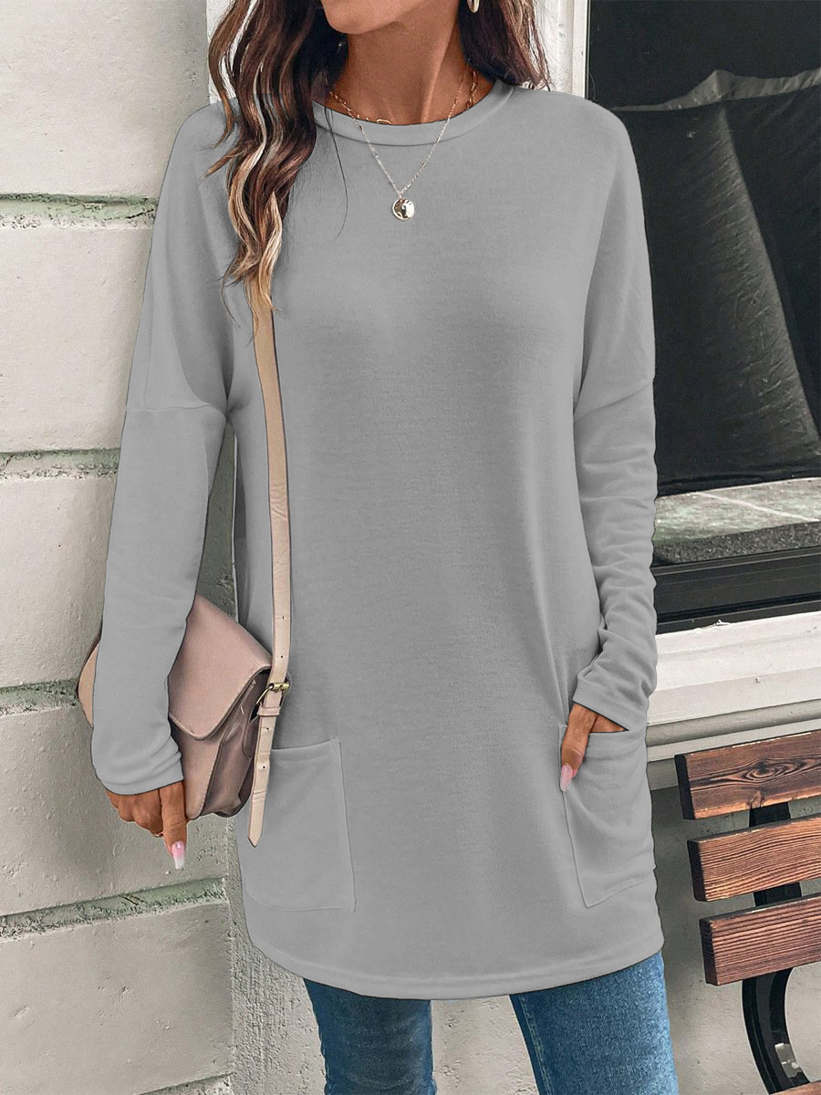 Women's Solid Color Long Sleeve Loose Crewneck Pocket T-Shirt