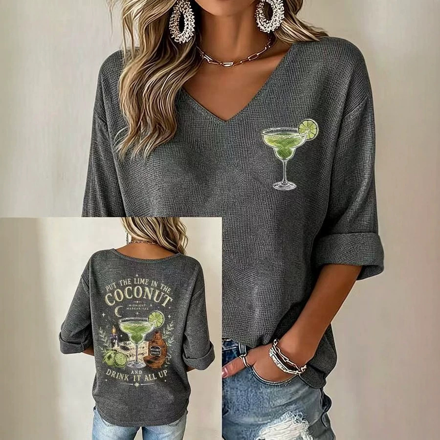 Retro Wine Glass Print V-Neck Half-Sleeve Top