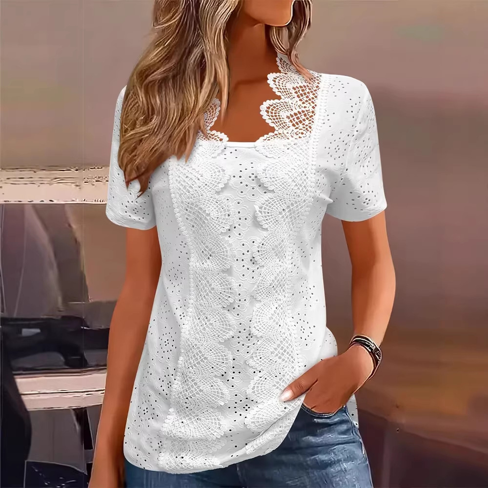 Women's Hollow-Out Lace Collar Short Sleeve Solid T-Shirt