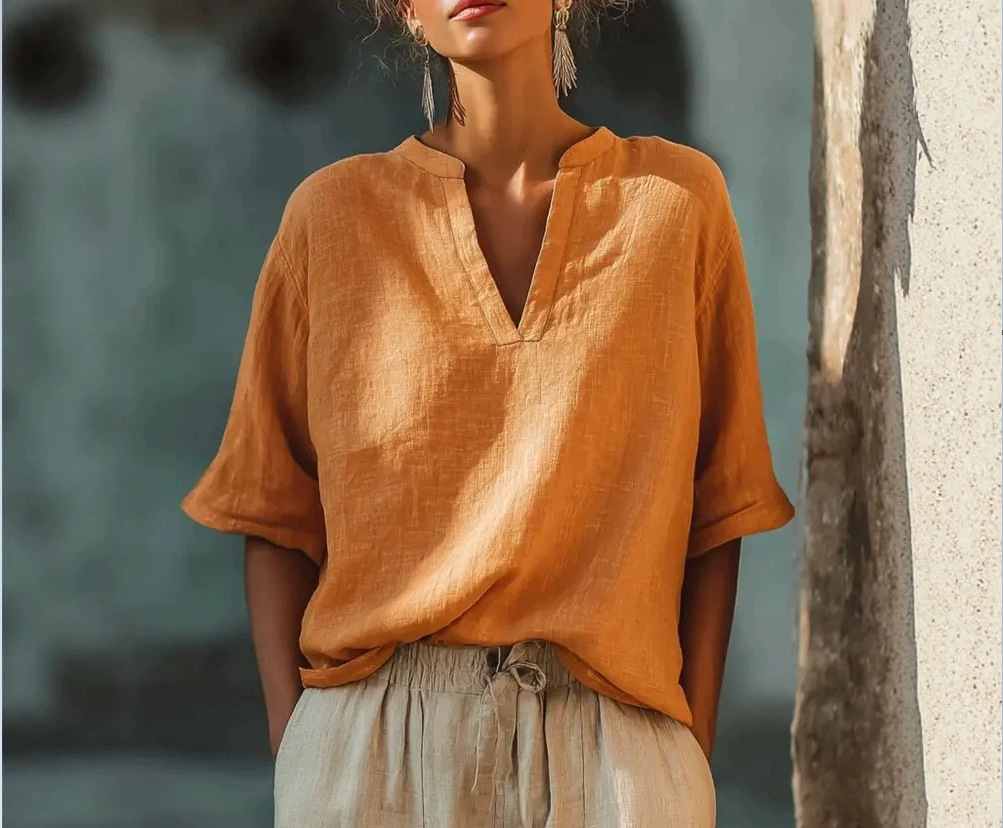 Women's Solid V-Neck Three-Quarter Sleeve Cotton-Linen Top