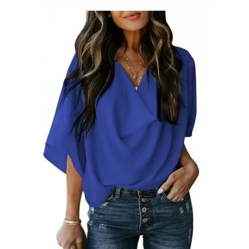 Women's Summer Chiffon V-Neck Loose Short Sleeve Top