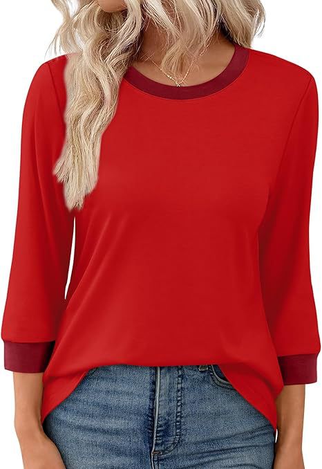 Women's 3/4 Sleeve Colorblock T-Shirt Crew Neck Fitted Top