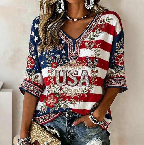 Women's American Flag Firework Print V-Neck Short Sleeve T-Shirt