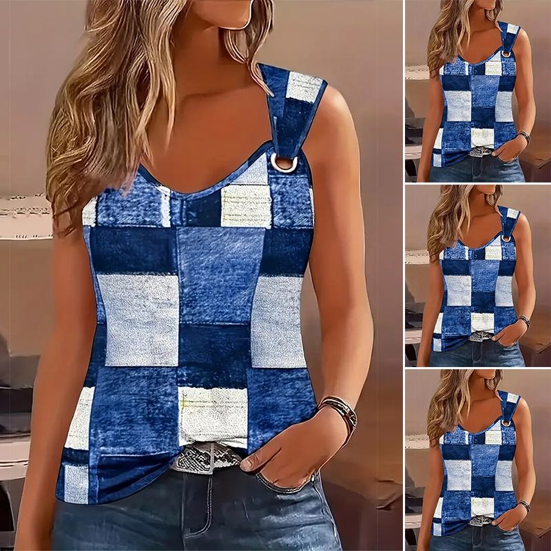 Women's Printed V-Neck Sleeveless Colorblock Top