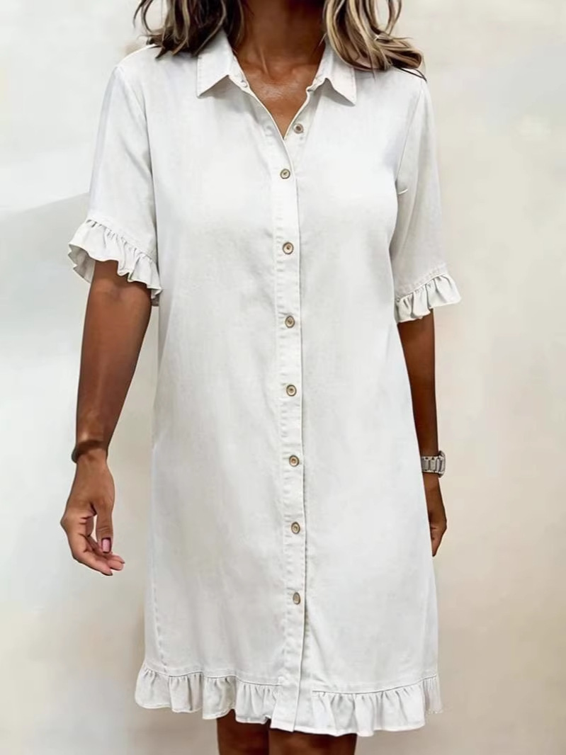 Women's Ruffle Cuff Loose Shirt Denim Dress