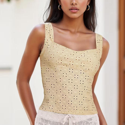 Solid Embroidered Cutout Jacquard Slim Fit Tank Top Women's Beach Casual