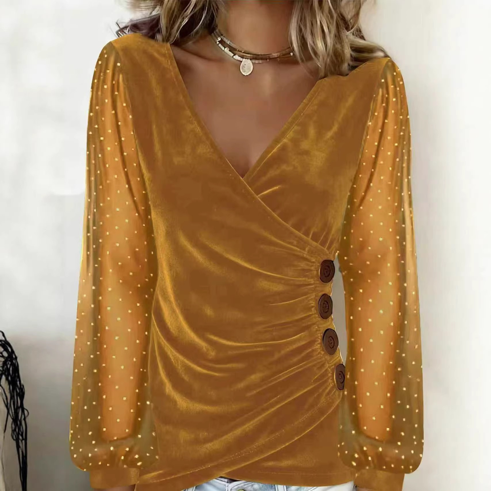 Women's Velvet Long Sleeve T-Shirt with Rhinestone Sleeves V-Neck Slim Fit