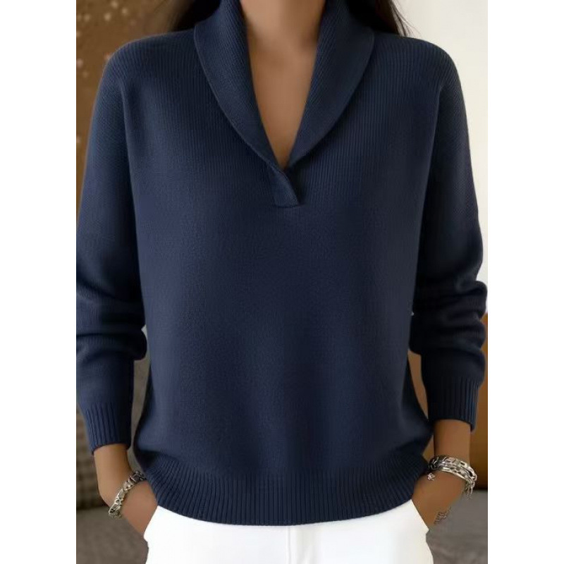 V-Neck Long Sleeve Knit Pullover Loose Solid Color Top