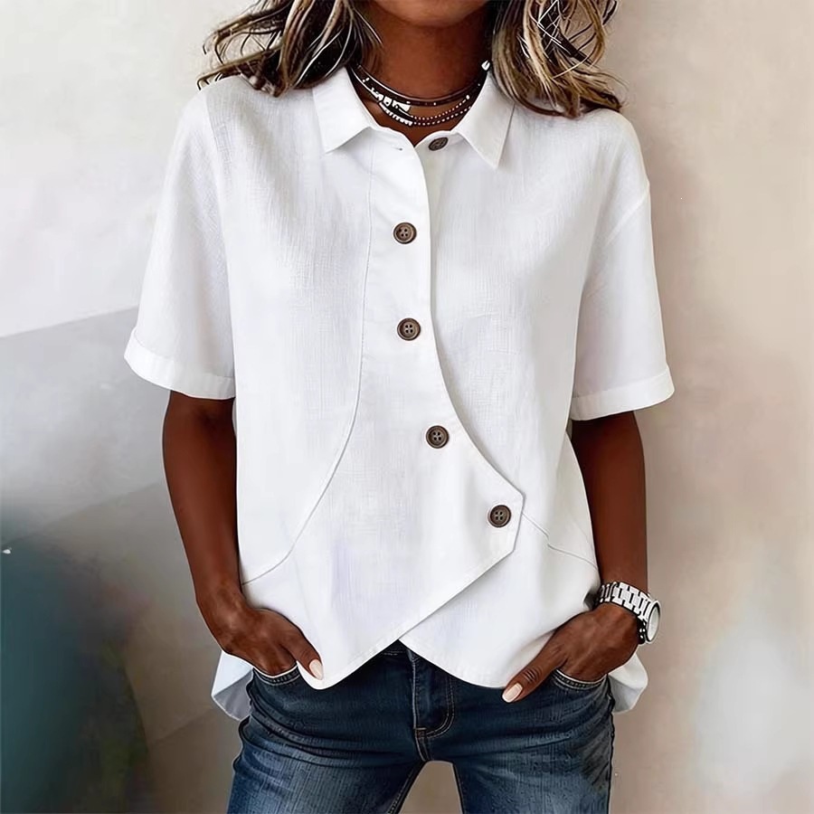 Women's Collared Button Short Sleeve T-Shirt with Irregular Hem
